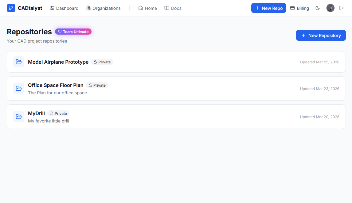Lummicron dashboard — repository list view